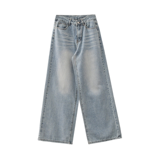 JIUJIU复古雅痞风水洗磨白牛仔裤女宽松春季显瘦高腰阔腿裤长裤