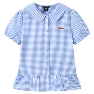 eland kids衣恋童装女童miu系衬衫26年夏新品刺绣娃娃领格纹短袖