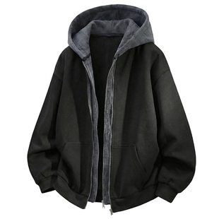 男士黑色美式开衫假两件卫衣男款连帽春季2026年新款外套休闲上衣