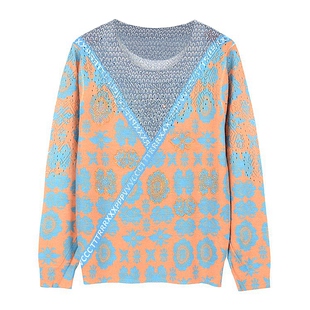 2025秋冬女针织衫古嘉子印花天丝羊毛衫长袖薄针织假两件毛衣5778