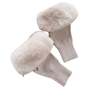 獭兔毛配针织手套韩国可爱露指毛毛手筒冬季皮草连指手套 女士