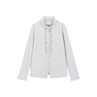 DOSORDONTS烟灰色花边领衬衫甜美可爱简约通勤百搭宽松长袖衬衣女