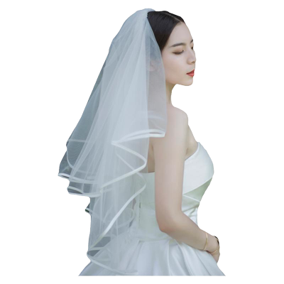 张馨予同款主婚纱头纱新款缎面包边遮面双层蓬蓬结婚婚礼纱配饰白