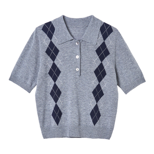 恩瑞妮学院风菱格纹POLO领短袖针织衫女灰色复古2026年春季新款