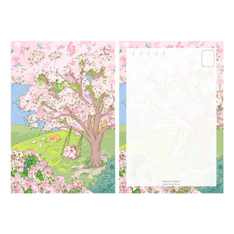 「阿怪游历记-樱花树下」原创插画兔兔阿怪明信片小众手绘贺卡