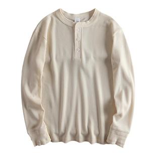 美式复古长袖t恤男宽松秋季透气华夫格新款潮流休闲亨利领打底衫