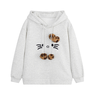 YUZI加绒豹纹猫咪卫衣连帽童趣可爱灰色宽松落肩秋冬上衣大码女装