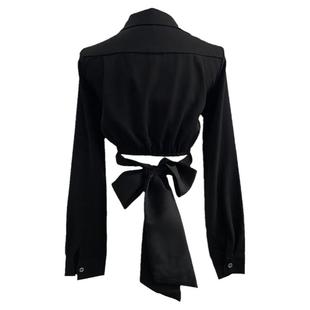 现货 原创 复古辣妹 黑色纽结绑带蝴蝶结短款修身v领衬衫上衣显瘦