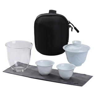 景德镇官方陶瓷旅行茶具套组盖碗便携功夫茶具带收纳包浮雕中式风