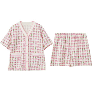 红豆居家夏季短袖女士睡衣短裤套装小香风V领可爱凉爽棉家居服夏