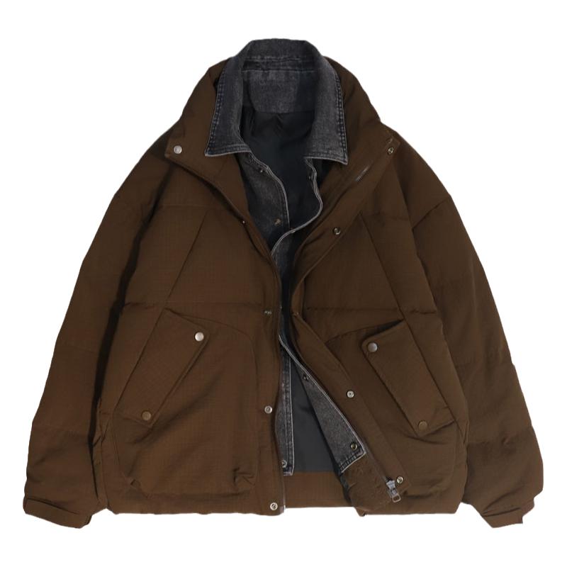 牛仔领假两件羽绒服男冬季新款加厚品质白鸭绒宽松小众纯色面包服