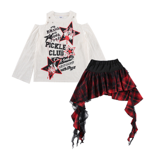 爵士舞服装女童时髦露肩长袖T恤红格子短裙走秀服女团韩舞演出服