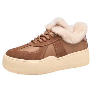 金猴老爹鞋毛毛加绒女鞋冬季加厚保暖厚底时尚系带女士休闲鞋裸靴