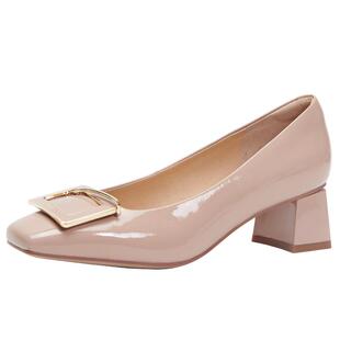 百田森牛漆皮浅口单鞋女秋新中跟粗跟方头优雅单鞋女真皮