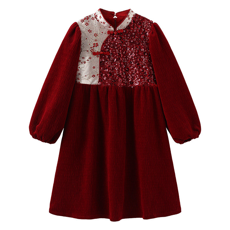女童中式新年连衣裙秋冬过年拜年服大童冬季红色丝绒裙子清仓