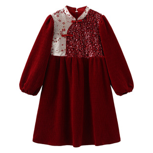 女童中式新年连衣裙秋冬过年拜年服大童冬季红色丝绒裙子清仓