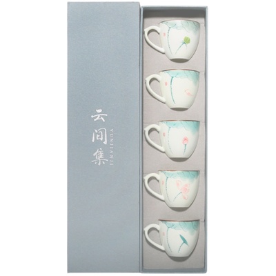 手绘荷花釉下彩带把手茶杯功夫茶具男女主人杯家用品茗杯