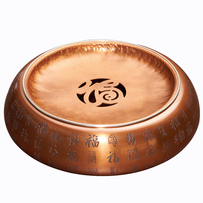 臻宝堂铜茶台干泡台纯手工錾刻百个福字圆形蓄水茶盘功夫茶具壶承