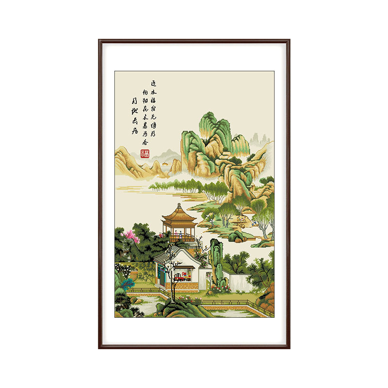 陈枚山水楼阁图手工绣大格满绣