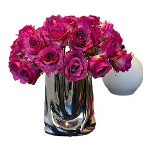 高档荔枝玫瑰仿真花单头干花束浪漫假花装饰绢花客厅摆件新婚摆设