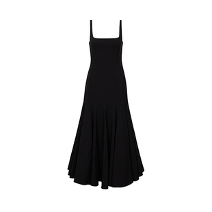 TOP家 优雅具象化 法式复古优雅小黑裙 方领细肩带修身大摆连衣裙