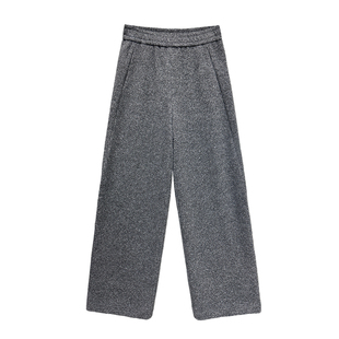 花灰粗纺羊毛针织阔腿裤女秋冬新款加厚休闲直筒裤垂感拖地弯刀裤