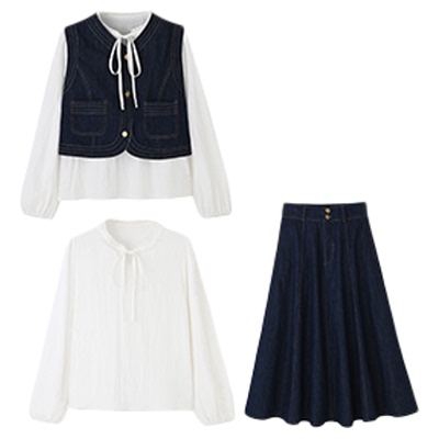 女装牛仔马甲配衬衣加伞裙套装