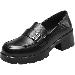 意尔康女鞋春秋季乐福鞋面试粗跟通勤百搭小皮鞋单鞋软面真皮