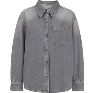 ONLY2026春季新款硬挺廓感宽松松弛烫钻弧形下摆渐变牛仔衬衫女