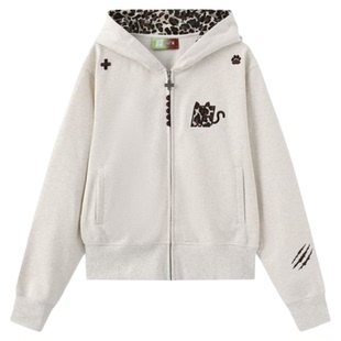 HandSeven美式潮牌重磅小恶魔豹纹刺绣连帽卫衣宽松开衫情侣外套