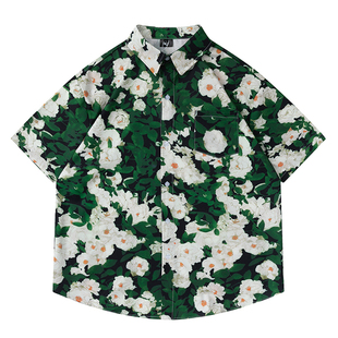TRAVEL ISSUANCE 复古绿油画花朵慵懒风潮ins休闲艺术感短袖衬衫