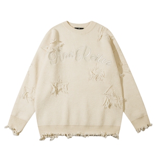 悟空有货美式破烂刺绣设计感圆领毛衣男潮牌宽松bf小众百搭针织衫