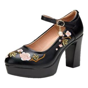 民族风圆头大码绣花鞋女古风时尚百搭汉服鞋模特旗袍走秀高跟单鞋