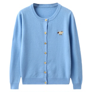 开衫女毛衣100%纯羊毛圆领针织羊毛衫春秋新款刺绣小马打底衫