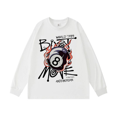美式嘻哈风台球印花长袖T恤男款纯棉痞帅潮牌上衣打底衫春秋冬季