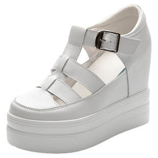 11厘米12公分内增高女鞋夏天真皮厚底镂空小白鞋包头凉鞋猪笼鞋子