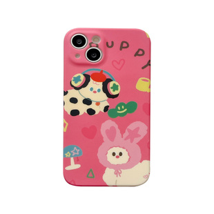 可爱卡通兔子小狗适用苹果14手机壳iPhone13ProMax新款15防摔12女款11水贴硅胶14pro小众创意全包软壳保护套