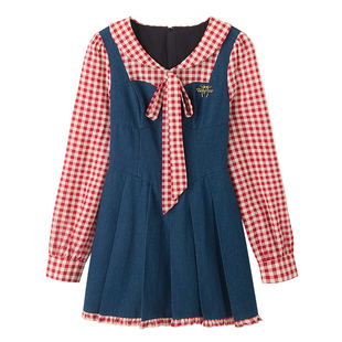 织物猪 树莓果酱 甜美风红色格子连衣裙女春泡泡袖可爱减龄短裙子