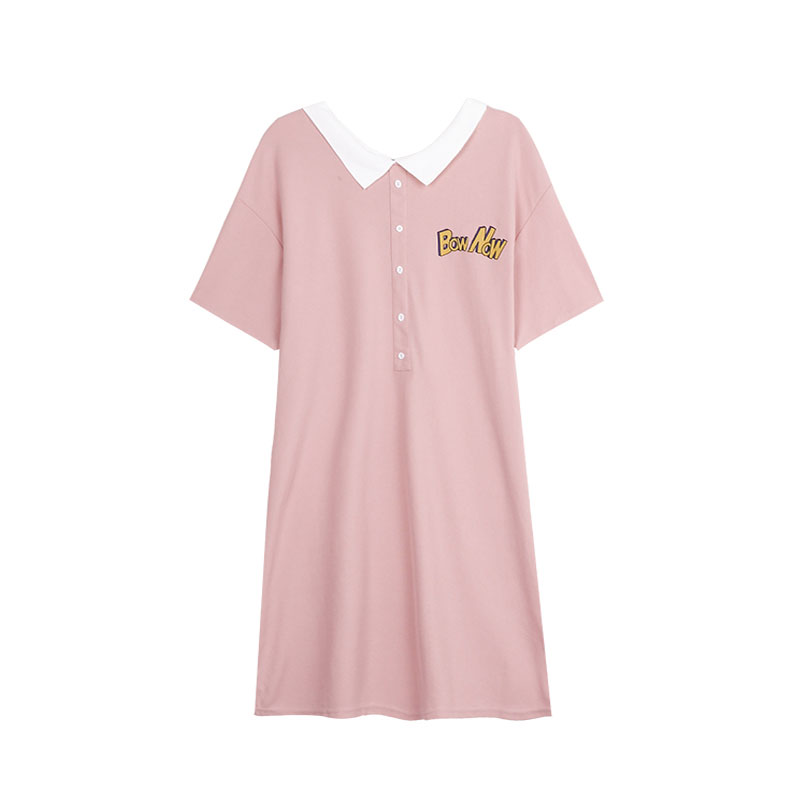 t恤裙女夏2025韩版娃娃领纯棉连衣裙学院风双面卡通印花中长款t恤