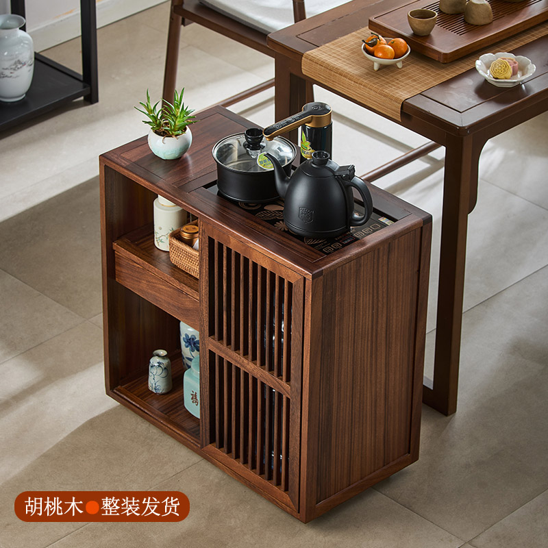 胡桃木移动小茶桌家用茶台实木茶车烧水壶一体茶水柜带轮边几茶几