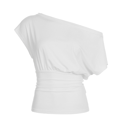 WEEKEEP 纯色斜肩多穿法收腰短袖T恤女休闲百搭显瘦上衣