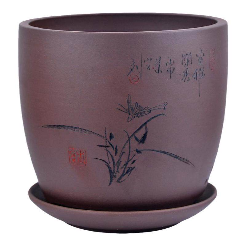 紫砂君子兰花盆宜兴粗陶多肉植物花盆大号发财树吊兰花盆带托盘