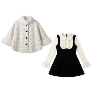 织物猪 赫本千金 蕾丝假两件连衣裙套装女秋冬波点斗篷外套两件套