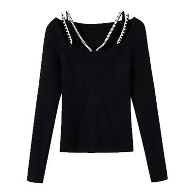 现货【脖颈间的芭蕾】重工镶钻 宫廷方领锁骨杀坑条针织衫上衣女