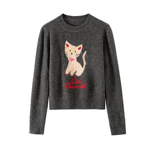 BANANA CICI2025年冬季复古原创猫咪刺绣毛衣圆领套头针织衫