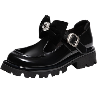 梁娇同款|MIO米奥蝴蝶T字玛丽珍鞋春季闪钻厚底粗跟黑色单鞋女