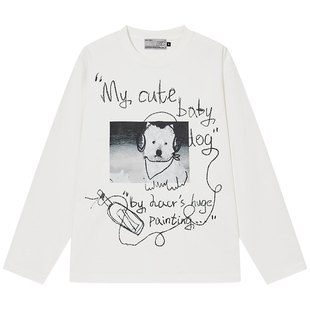 HACR手绘涂鸦小狗印花T恤 复古松弛居家感休闲长袖男女