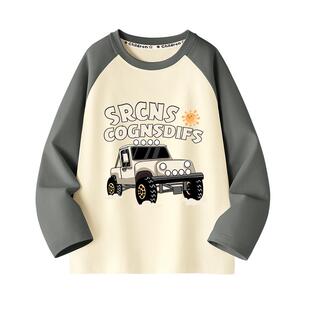 拉夏贝尔儿童长袖t恤春秋季2026新款汽车上衣纯棉打底衫男童衣服