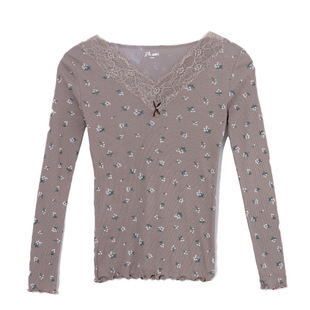 顶呱呱秋衣秋裤女纯棉套装薄款蕾丝V领美体保暖内衣女打底棉毛衫