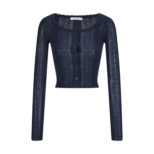 MosesQueen魔西女王藏青色镂空针织开衫春季修身显瘦短款长袖上衣